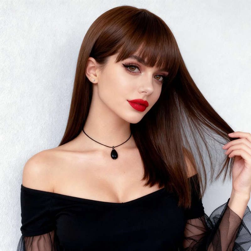 Medium Straight Wig with Full Fringe for Women 40CM Natural Looking Hair Wig Lady Synthetic Straight Wigs for Lady Short Wigs Daily Use Fashion Wig Adjustable Breathable Cap