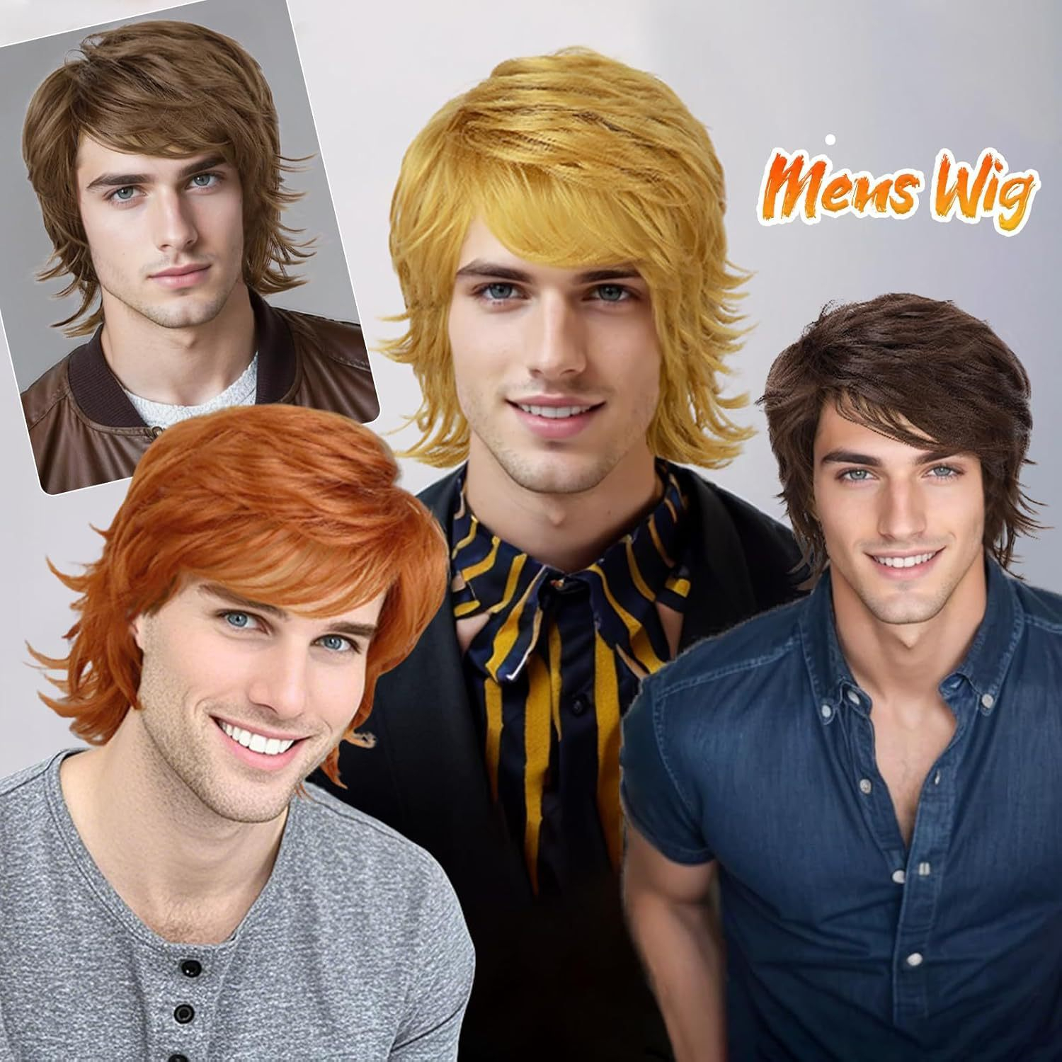 Fashion Men Wig Man Layered Medium Short Hair Wig Natural Looking Synthetic Hairpiece Fluffy Volume Straight Shag Style Daily Party Cosplay Wig for Men