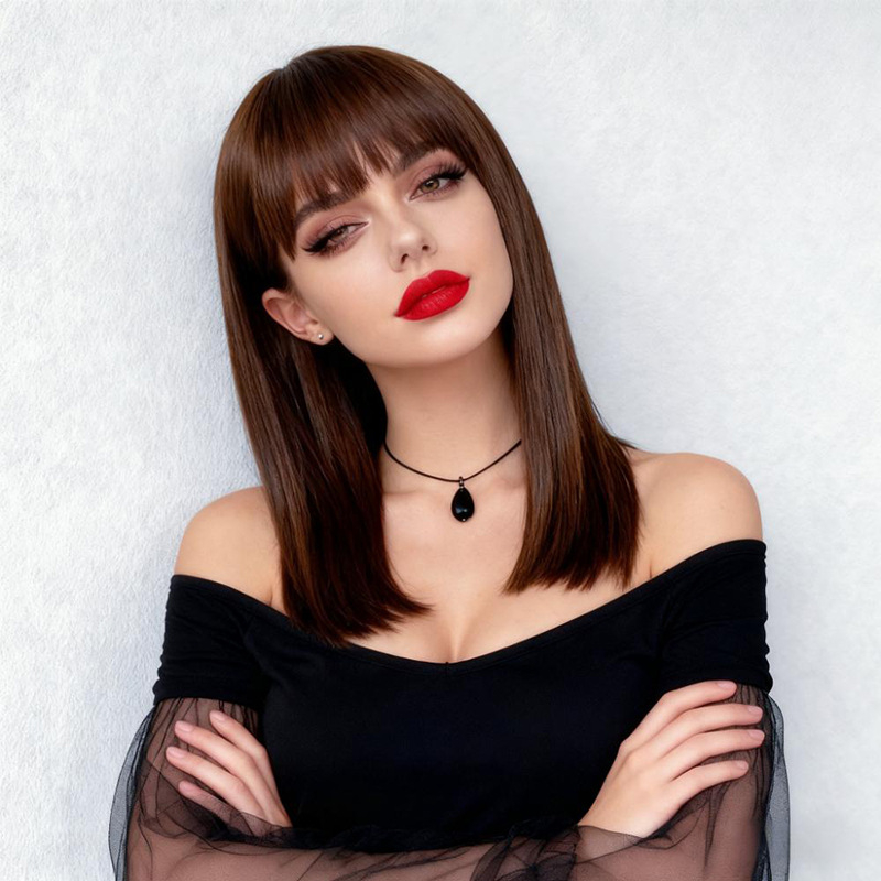 Medium Straight Wig with Full Fringe for Women 40CM Natural Looking Hair Wig Lady Synthetic Straight Wigs for Lady Short Wigs Daily Use Fashion Wig Adjustable Breathable Cap