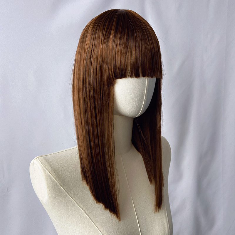 Medium Straight Wig with Full Fringe for Women 40CM Natural Looking Hair Wig Lady Synthetic Straight Wigs for Lady Short Wigs Daily Use Fashion Wig Adjustable Breathable Cap