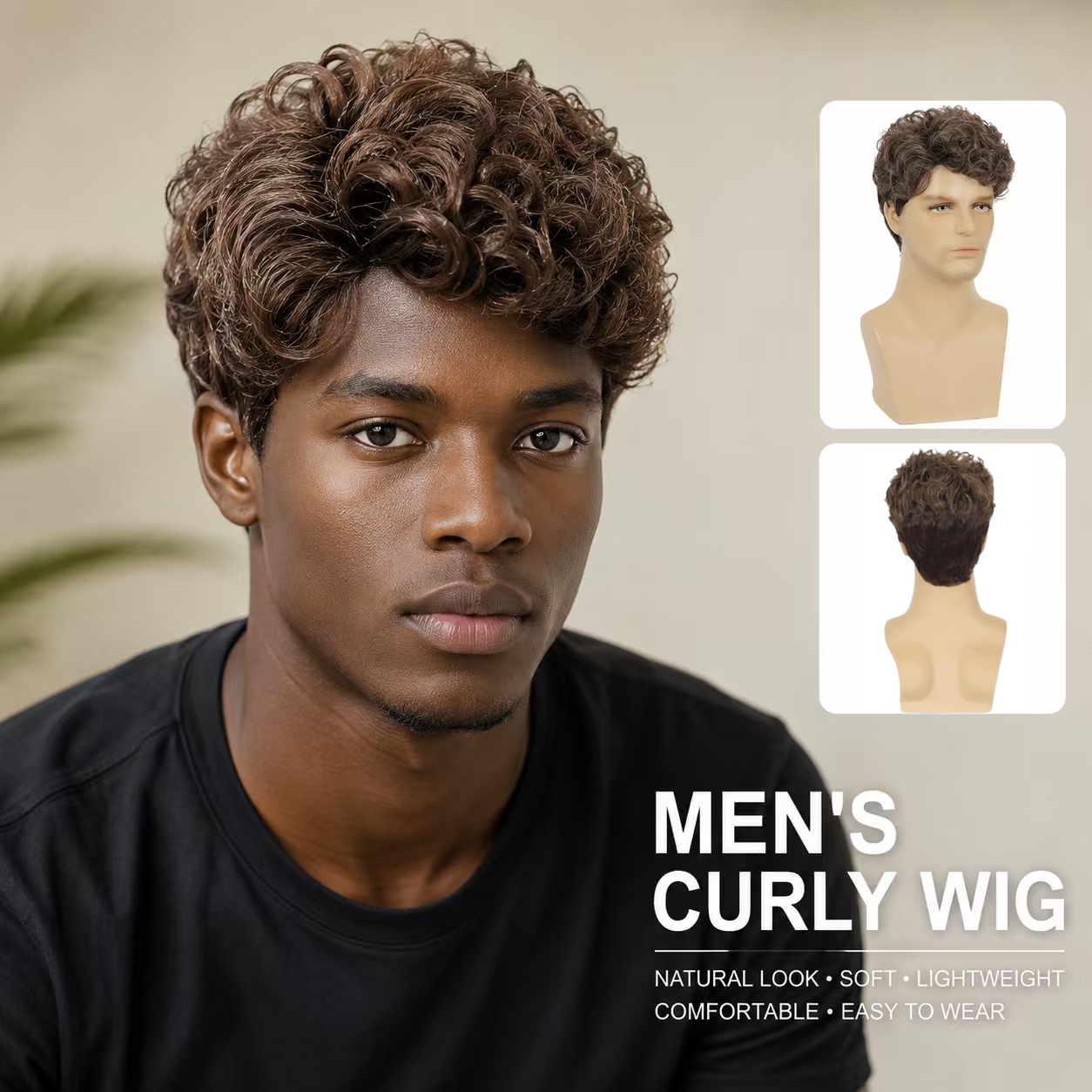Fashion Wig Man Short Curly Hair Wig Natural Looking Synthetic Men's Wig Soft Fluffy Full Volume Hairpiece Daily Wear Party Cosplay Comfortable Breathable Cap