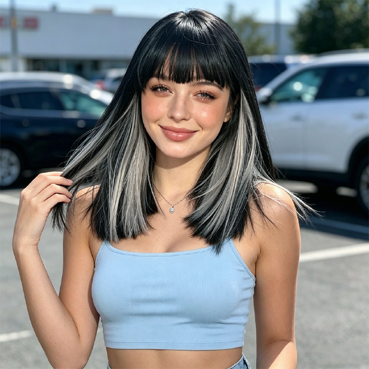 Gray Highlight Straight Wig with Full Fringe for Lady Medium Length Synthetic Hair Wig Straight Wigs Fashion Wig Lady Short Wigs Natural Looking Daily Wear Wig