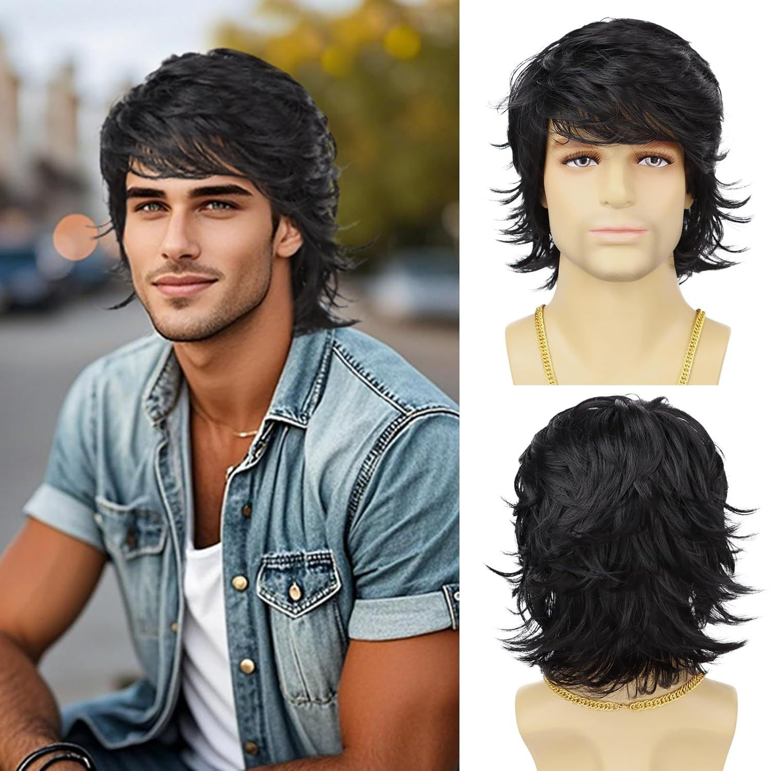 Fashion Men Wig Man Layered Medium Short Hair Wig Natural Looking Synthetic Hairpiece Fluffy Volume Straight Shag Style Daily Party Cosplay Wig for Men