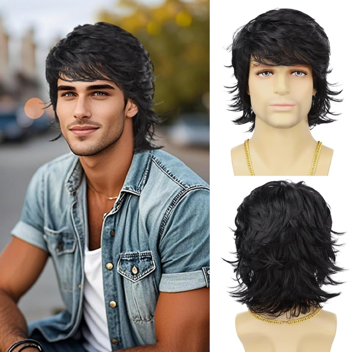 Fashion Men Wig Man Layered Medium Short Hair Wig Natural Looking Synthetic Hairpiece Fluffy Volume Straight Shag Style Daily Party Cosplay Wig for Men