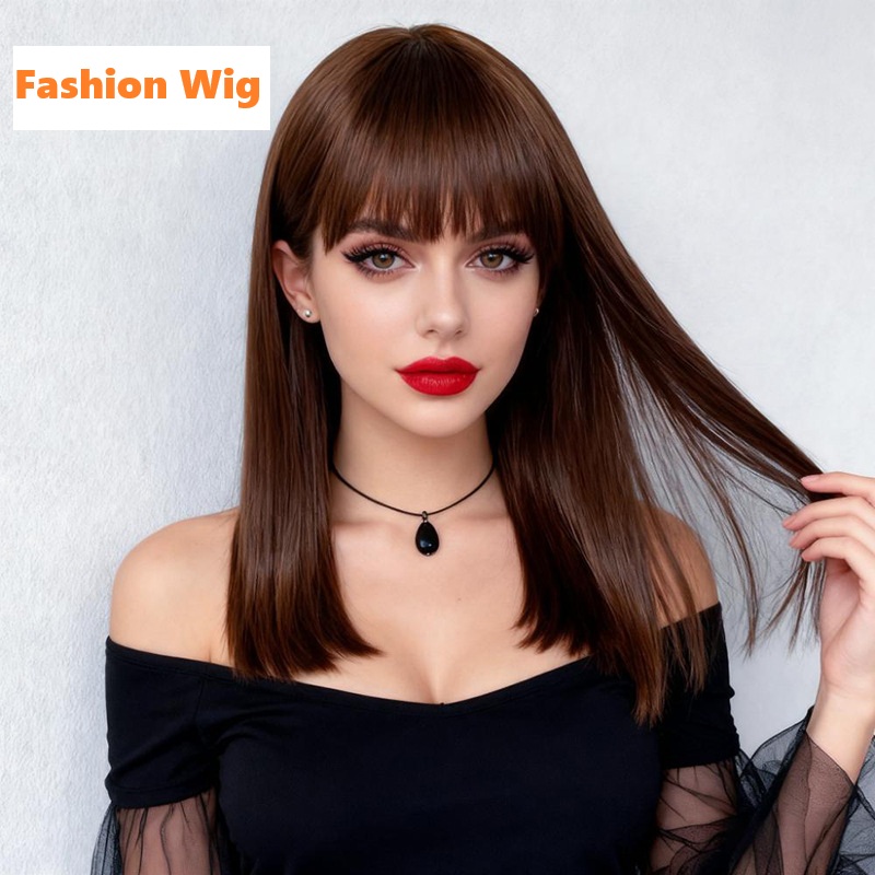 Medium Straight Wig with Full Fringe for Women 40CM Natural Looking Hair Wig Lady Synthetic Straight Wigs for Lady Short Wigs Daily Use Fashion Wig Adjustable Breathable Cap
