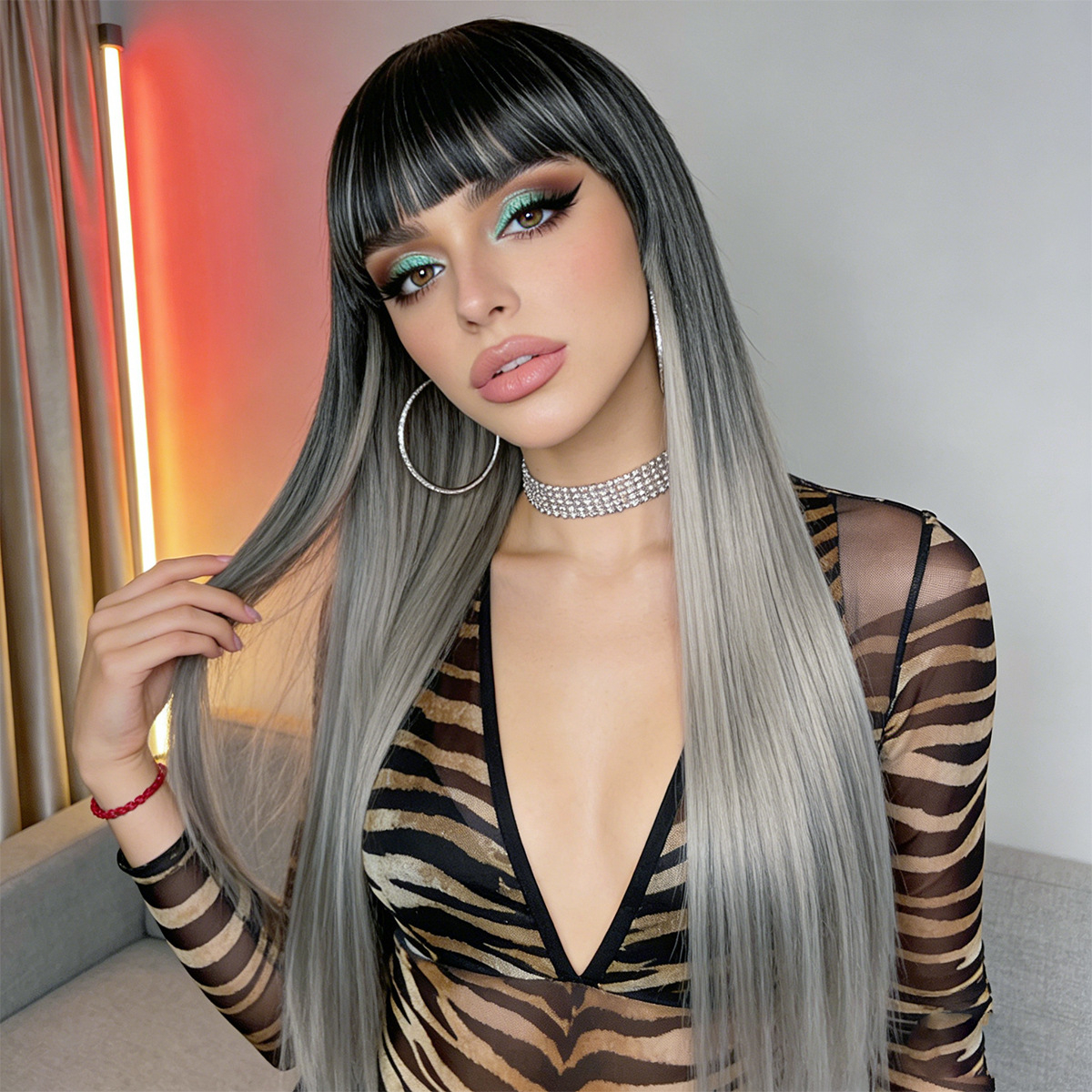68CM Ombre Long Straight Wig for Lady with Full Fringe Natural Hair Style Synthetic Wig Straight Wigs Long Wigs Fashion Wig Lady Adjustable Breathable Cap