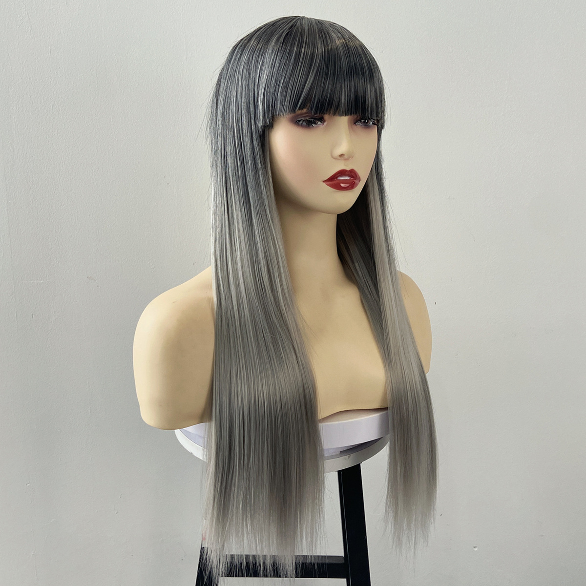 68CM Ombre Long Straight Wig for Lady with Full Fringe Natural Hair Style Synthetic Wig Straight Wigs Long Wigs Fashion Wig Lady Adjustable Breathable Cap