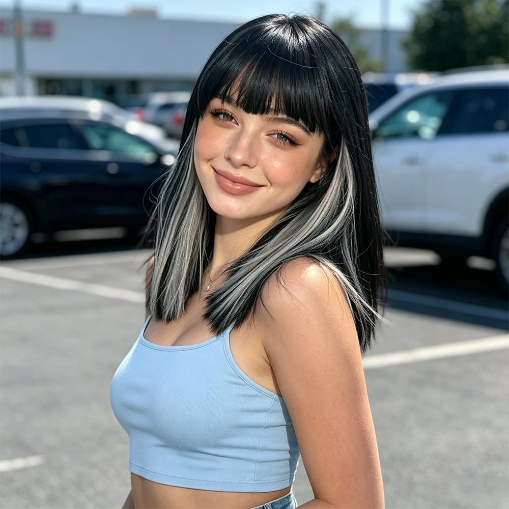 Gray Highlight Straight Wig with Full Fringe for Lady Medium Length Synthetic Hair Wig Straight Wigs Fashion Wig Lady Short Wigs Natural Looking Daily Wear Wig