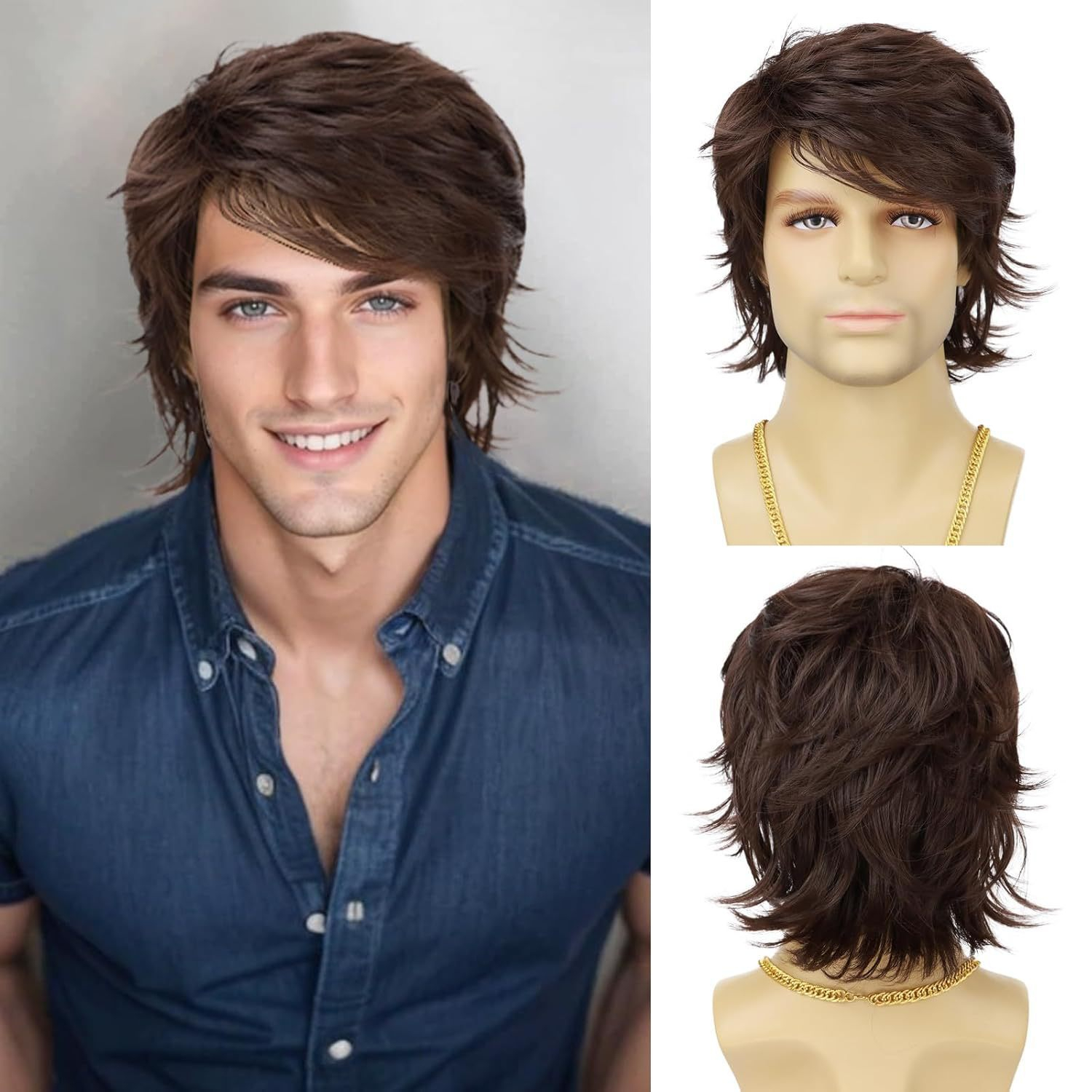 Fashion Men Wig Man Layered Medium Short Hair Wig Natural Looking Synthetic Hairpiece Fluffy Volume Straight Shag Style Daily Party Cosplay Wig for Men