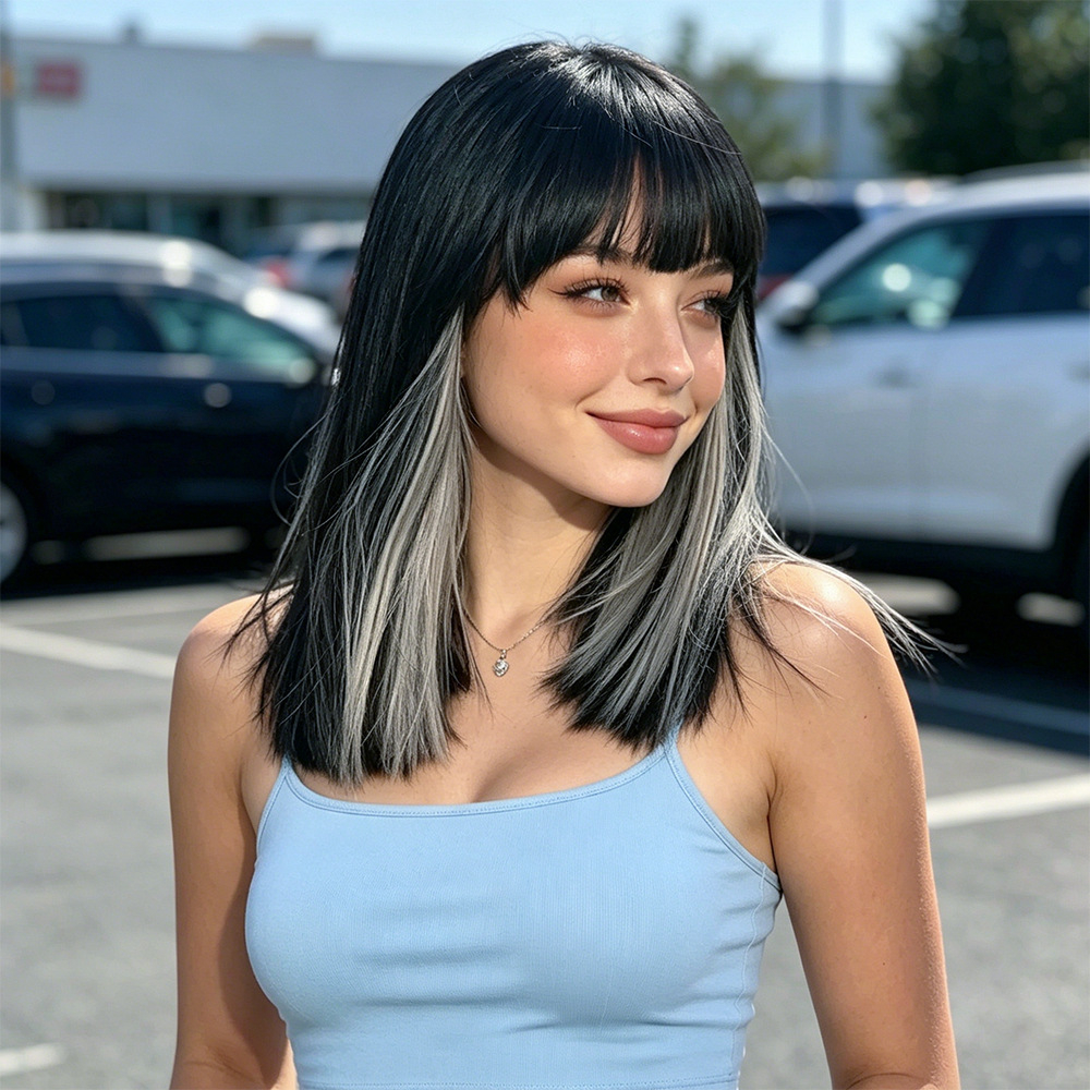 Gray Highlight Straight Wig with Full Fringe for Lady Medium Length Synthetic Hair Wig Straight Wigs Fashion Wig Lady Short Wigs Natural Looking Daily Wear Wig