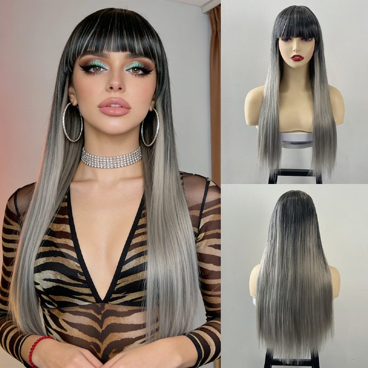 68CM Ombre Long Straight Wig for Lady with Full Fringe Natural Hair Style Synthetic Wig Straight Wigs Long Wigs Fashion Wig Lady Adjustable Breathable Cap