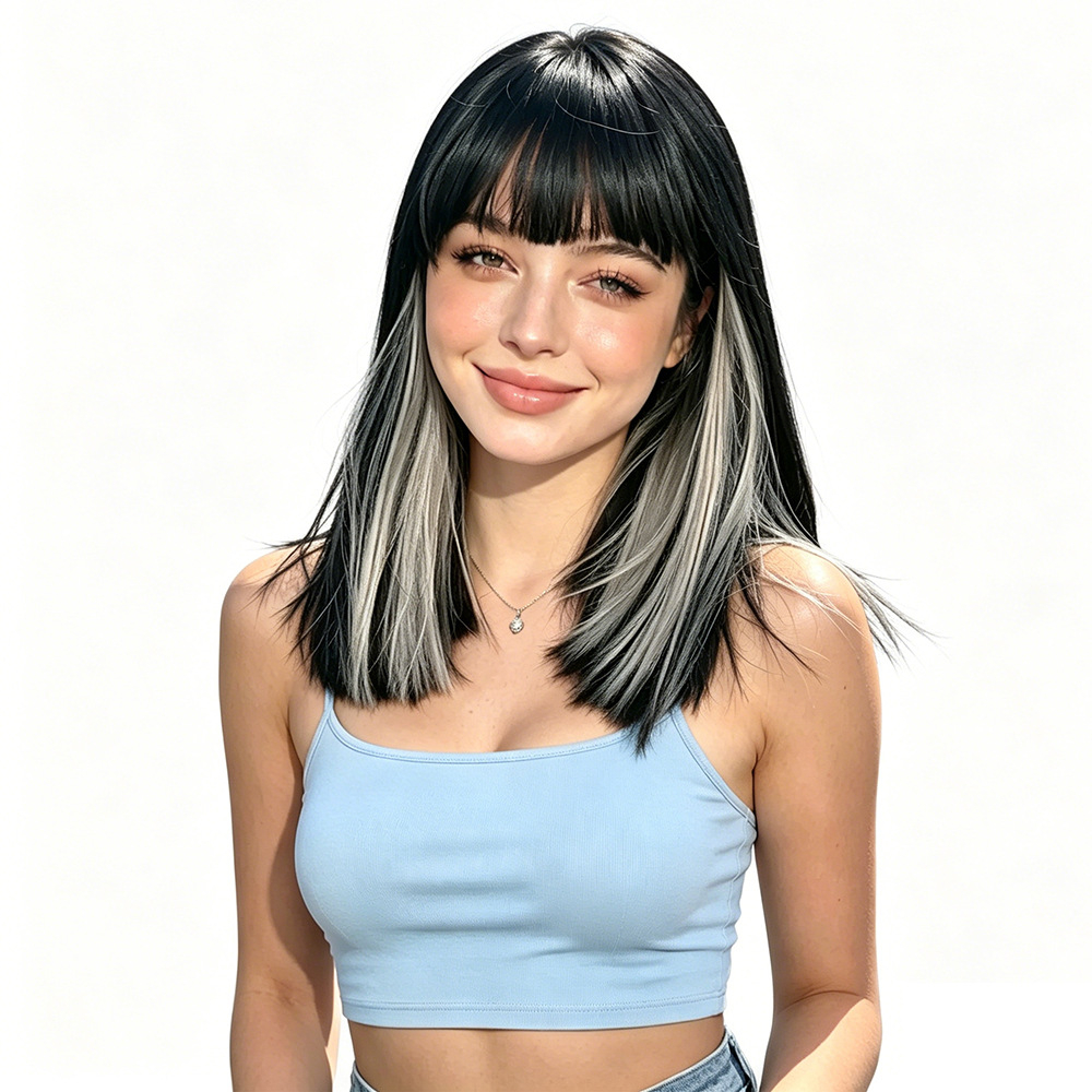 Gray Highlight Straight Wig with Full Fringe for Lady Medium Length Synthetic Hair Wig Straight Wigs Fashion Wig Lady Short Wigs Natural Looking Daily Wear Wig