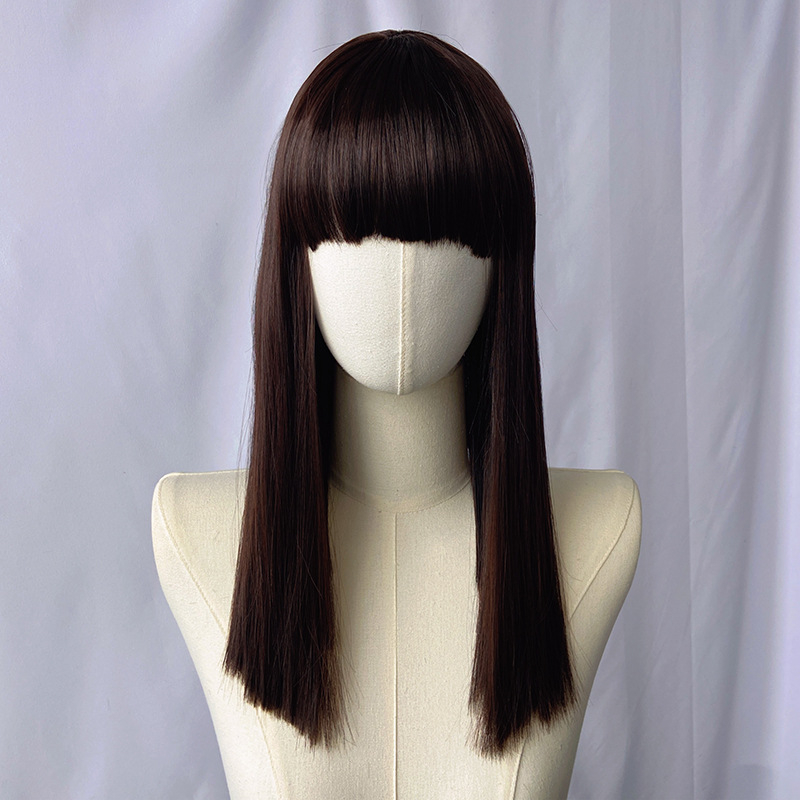 Medium Straight Wig with Full Fringe for Women 40CM Natural Looking Hair Wig Lady Synthetic Straight Wigs for Lady Short Wigs Daily Use Fashion Wig Adjustable Breathable Cap