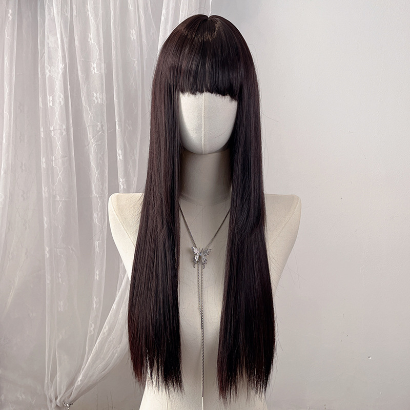 Long Straight Wig for Lady with Full Fringe Natural Looking Synthetic Hair Wig Straight Wigs Long Wigs Fashion Wig Lady Adjustable Breathable Cap Wig 68CM