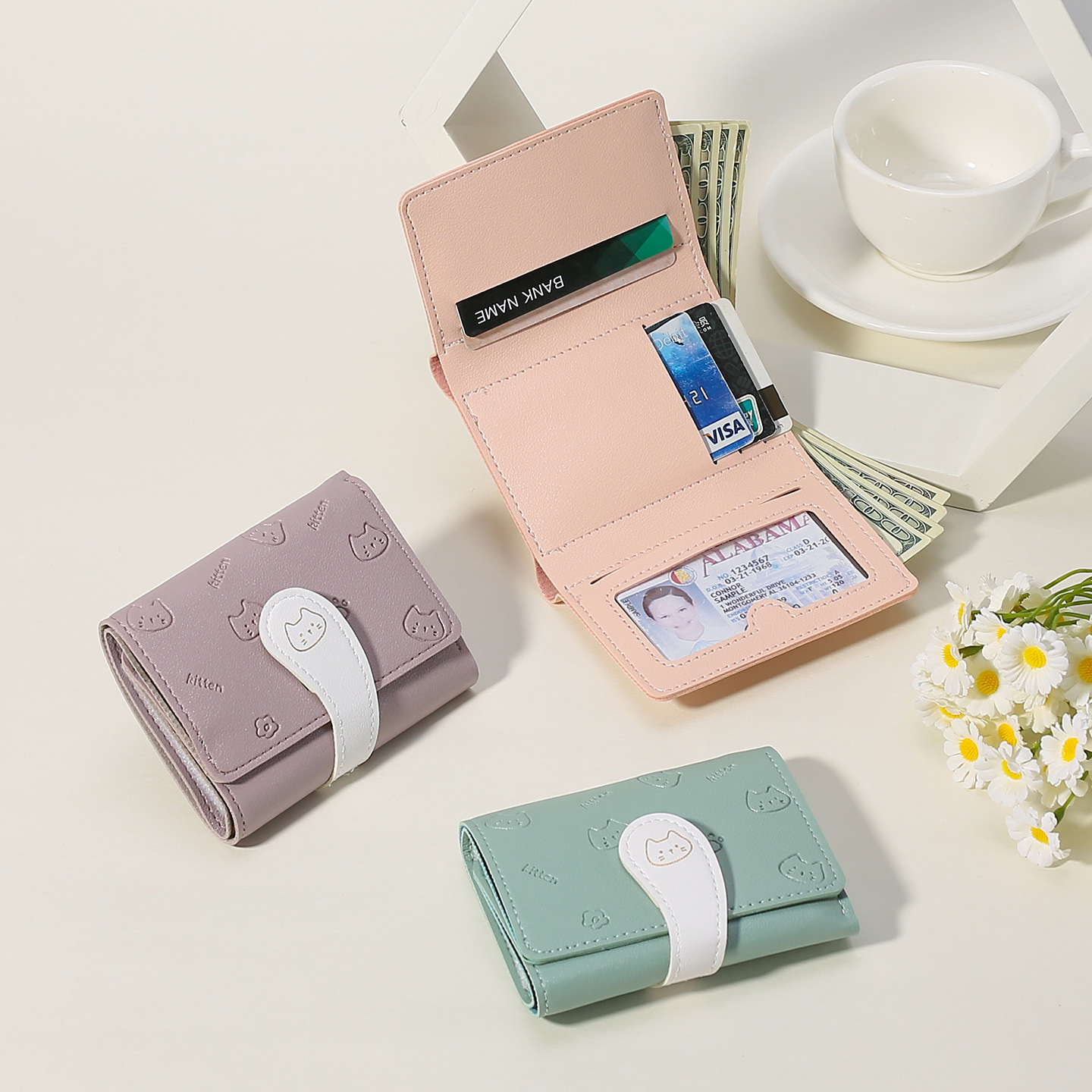 Cute Cat Tail Trifold Wallet for Women Wallet Card Holder Wallet Coin Purse Wallet Small PU Leather Ladies Bags Wallet Girl Short Wallet Snap Closure