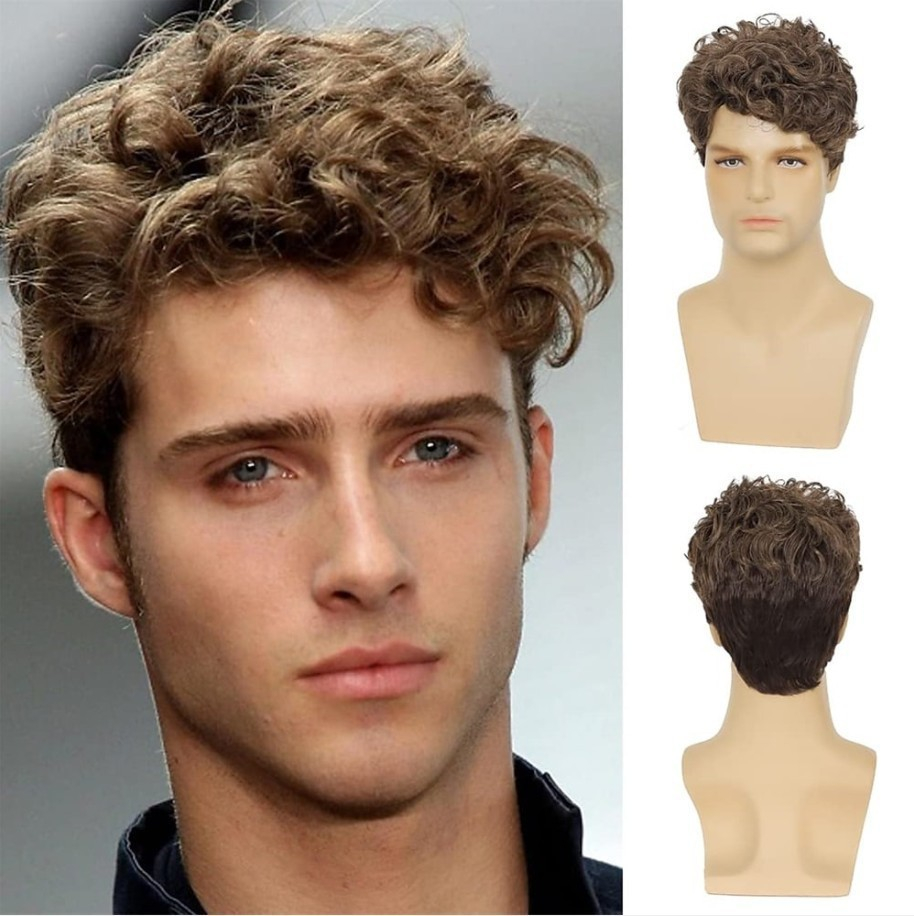 Fashion Wig Man Short Curly Hair Wig Natural Looking Synthetic Men's Wig Soft Fluffy Full Volume Hairpiece Daily Wear Party Cosplay Comfortable Breathable Cap