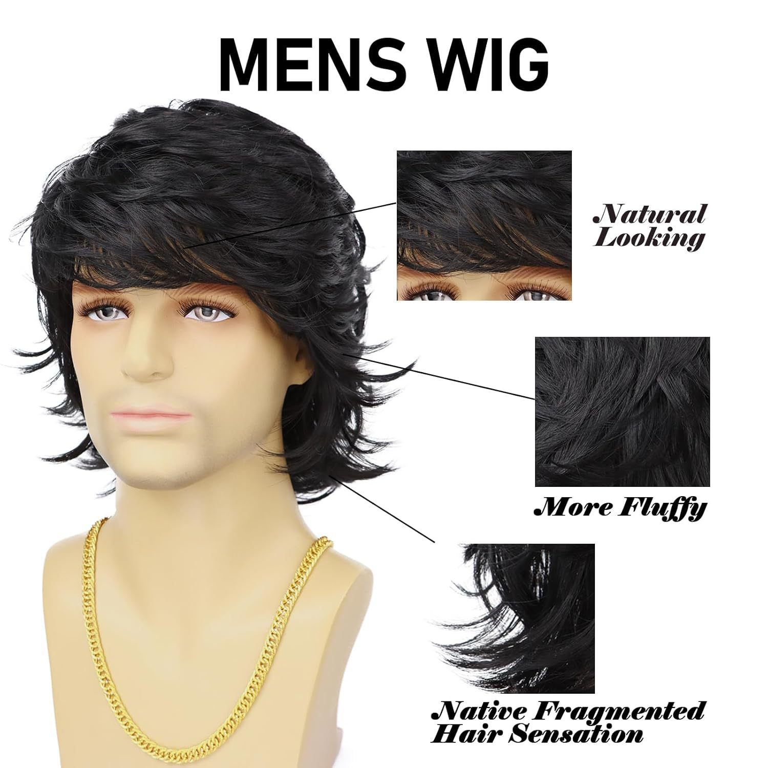 Fashion Men Wig Man Layered Medium Short Hair Wig Natural Looking Synthetic Hairpiece Fluffy Volume Straight Shag Style Daily Party Cosplay Wig for Men