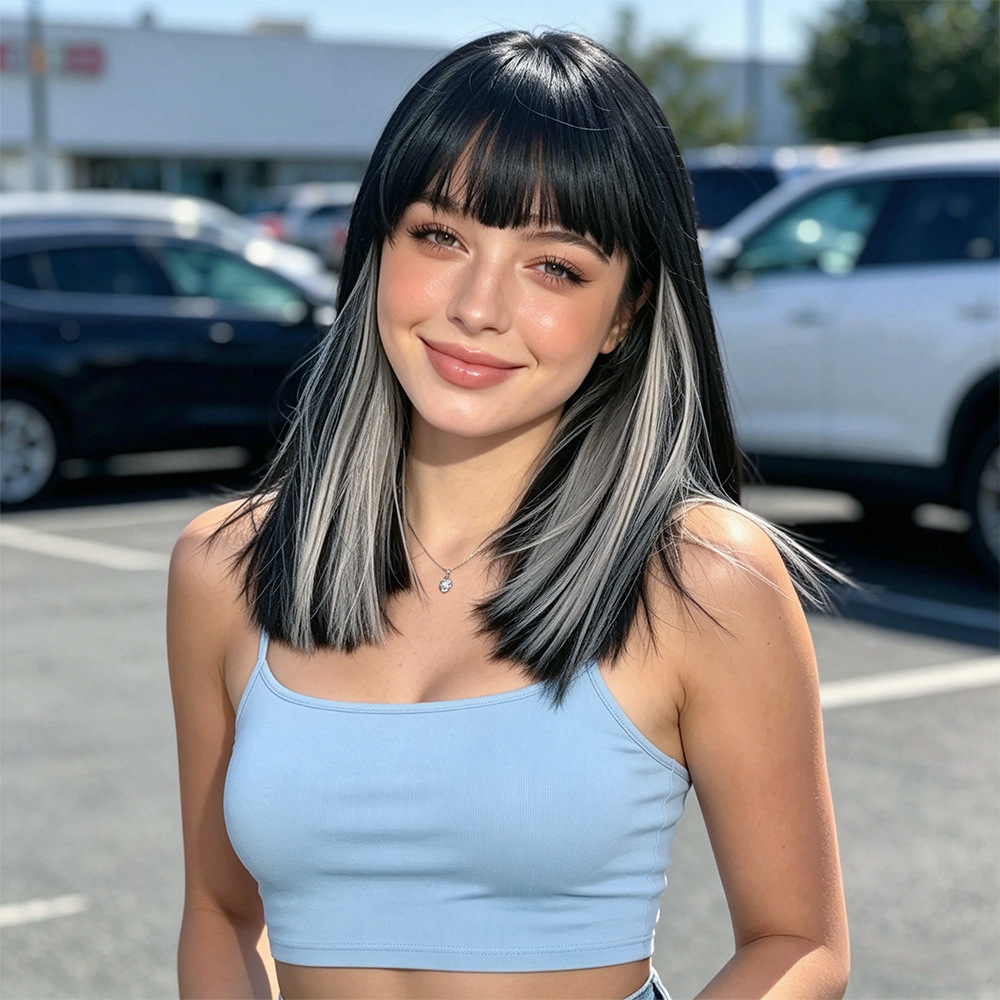 Gray Highlight Straight Wig with Full Fringe for Lady Medium Length Synthetic Hair Wig Straight Wigs Fashion Wig Lady Short Wigs Natural Looking Daily Wear Wig
