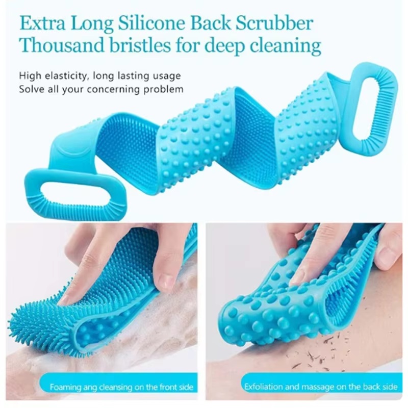 Silicone Body Scrubber Bath Brush Long Back Scrubber Shower Belt Exfoliating Massage Brush Soft Bath Sponge Skin Cleaning Brush for Men Women Bathroom Accessories