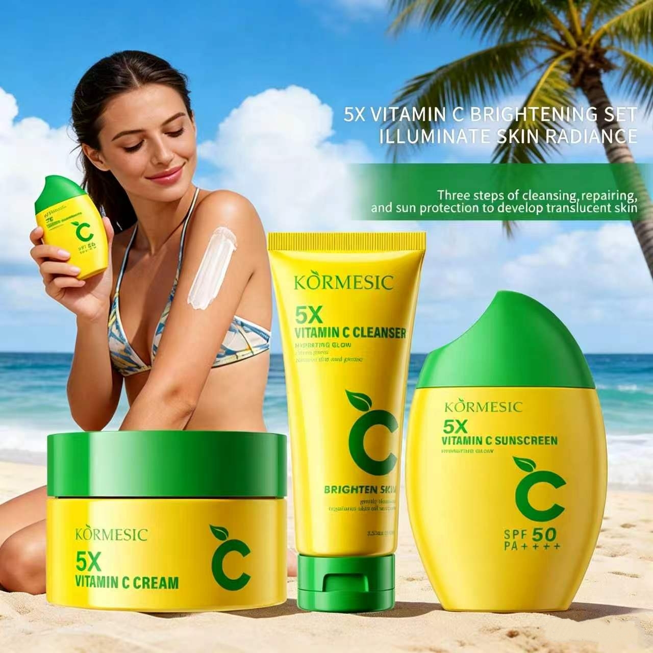 Vitamin C Skincare Set Face Cleanser Face Cream Sunscreen SPF Moisturizing Facial Care Kit Brightening Skin Daily Beauty Routine Cleanse Moisturize Protect