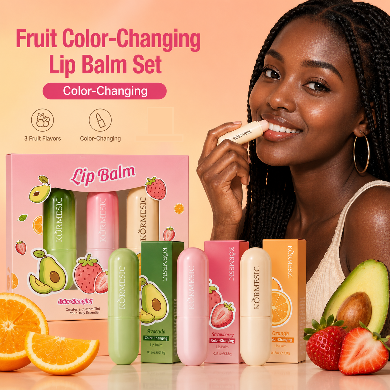 Fruit Changing Lip Balm Moisturizing Lipstick Hydrating Lip Gloss Lip Care Makeup Long Lasting Lip Balm Lipstick Pink Nude Lip Makeup Gift