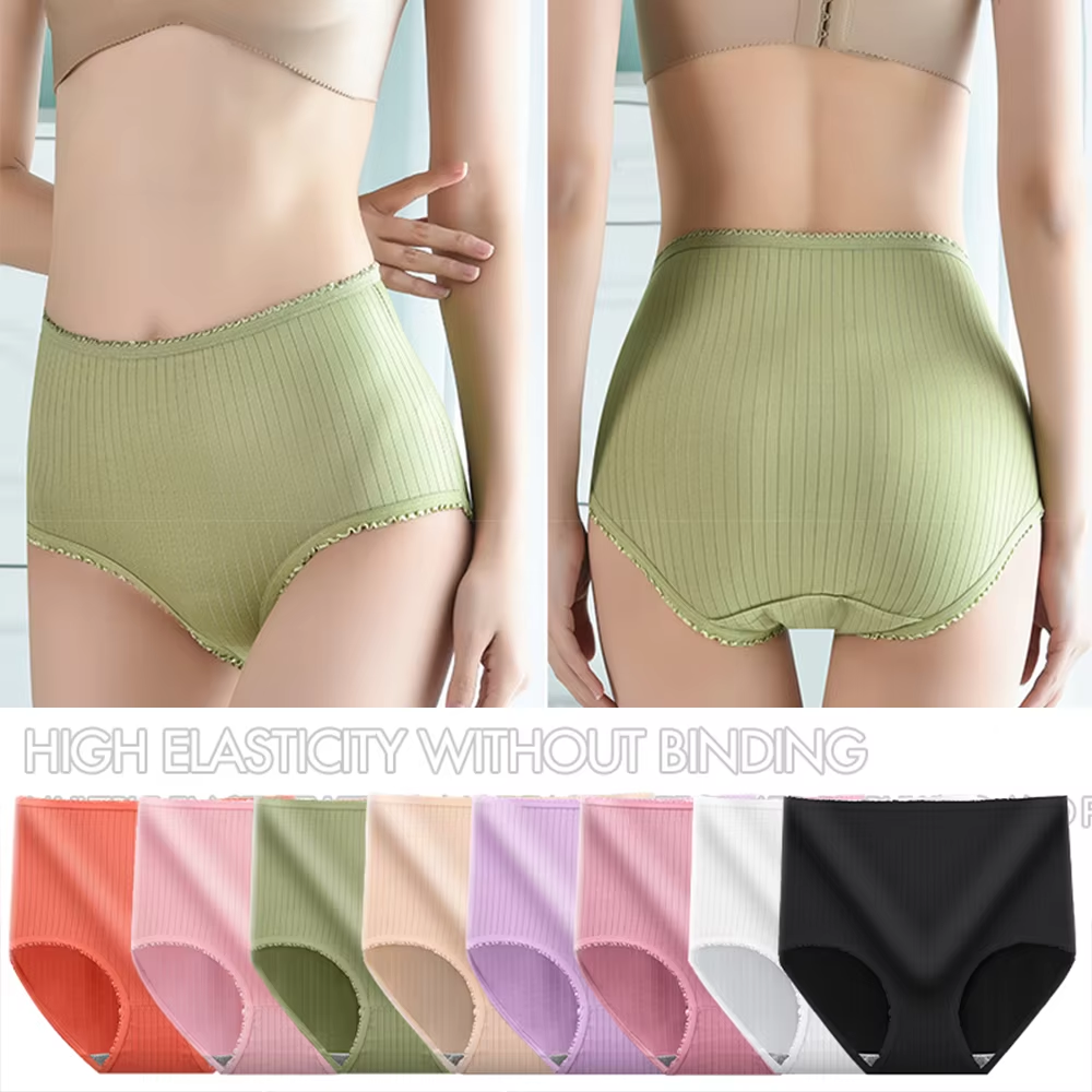8PCS/3PCS High Waist Women Underwear Soft Milk Silk Panty Tummy Control Seamless Briefs Breathable Stretch Lingerie Underwear Lady Comfortable Plus Size Female Panties