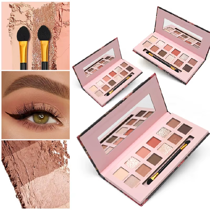 12 Shade Eyeshadow Pallette Matte Shimmer Makeup Palette, Neutral Earth Colour Eye Shadow Kit with Blush Highlighter, Easy Blend Daily Makeup Cosmetic Gift with Eyeshadow Brush