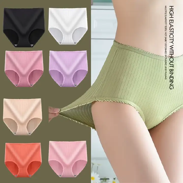 8PCS/3PCS High Waist Women Underwear Soft Milk Silk Panty Tummy Control Seamless Briefs Breathable Stretch Lingerie Underwear Lady Comfortable Plus Size Female Panties