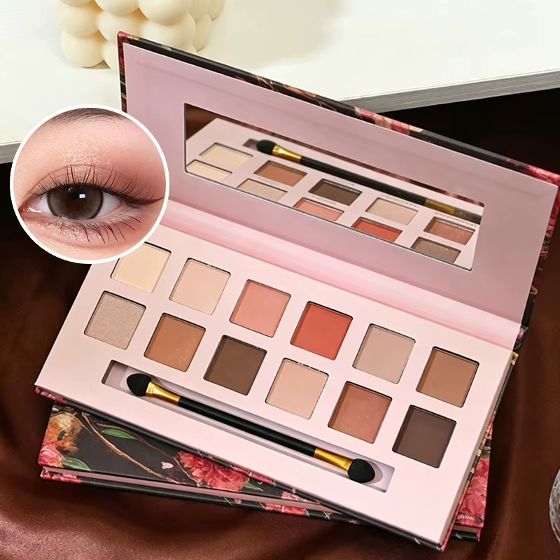 12 Shade Eyeshadow Pallette Matte Shimmer Makeup Palette, Neutral Earth Colour Eye Shadow Kit with Blush Highlighter, Easy Blend Daily Makeup Cosmetic Gift with Eyeshadow Brush
