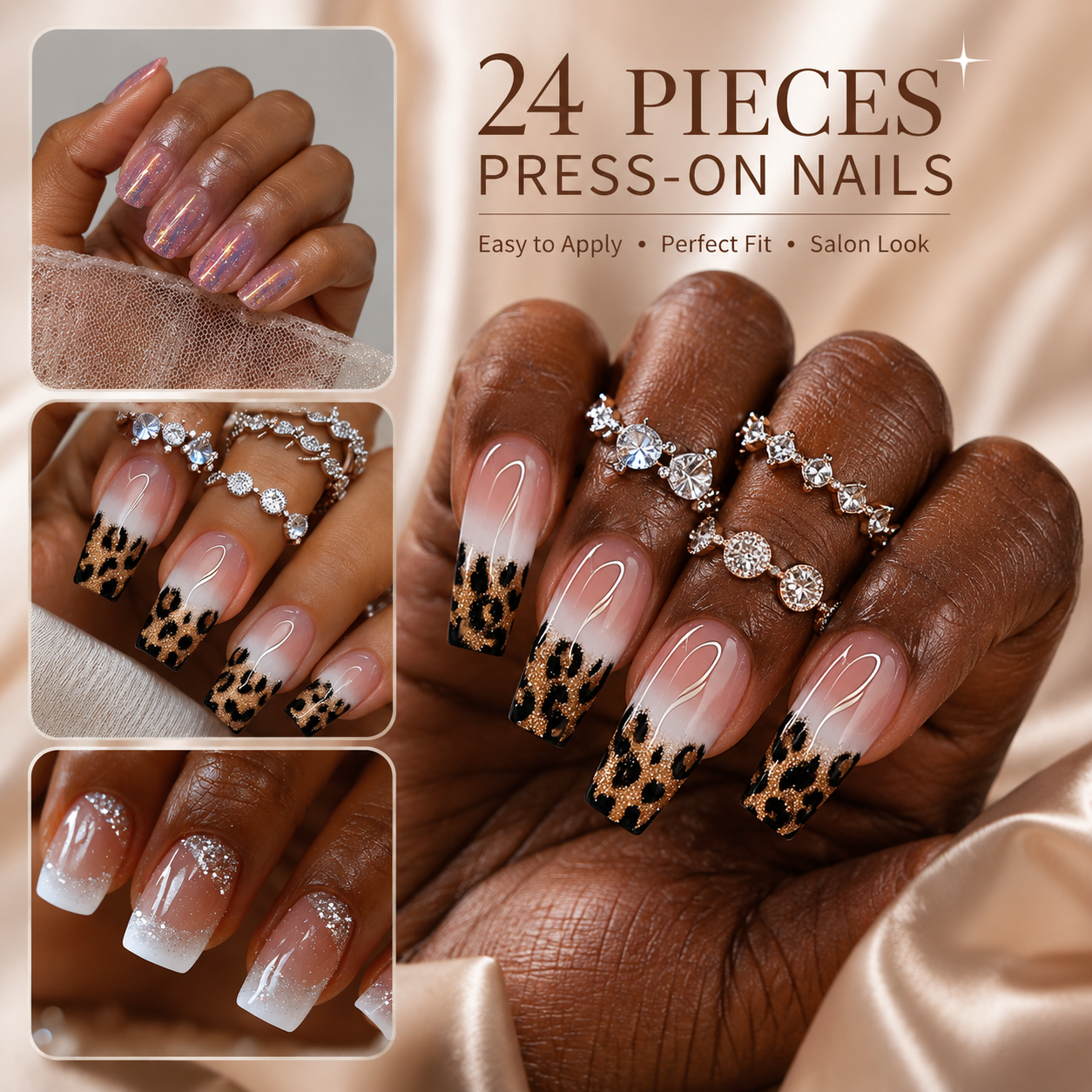 Leopard French Tip Stick On Nails 24pcs, Full Cover Press Nail Acrylic Fake Nails with Design, Wearable False Nail Set for Women Party Wedding Nail Art Decoration