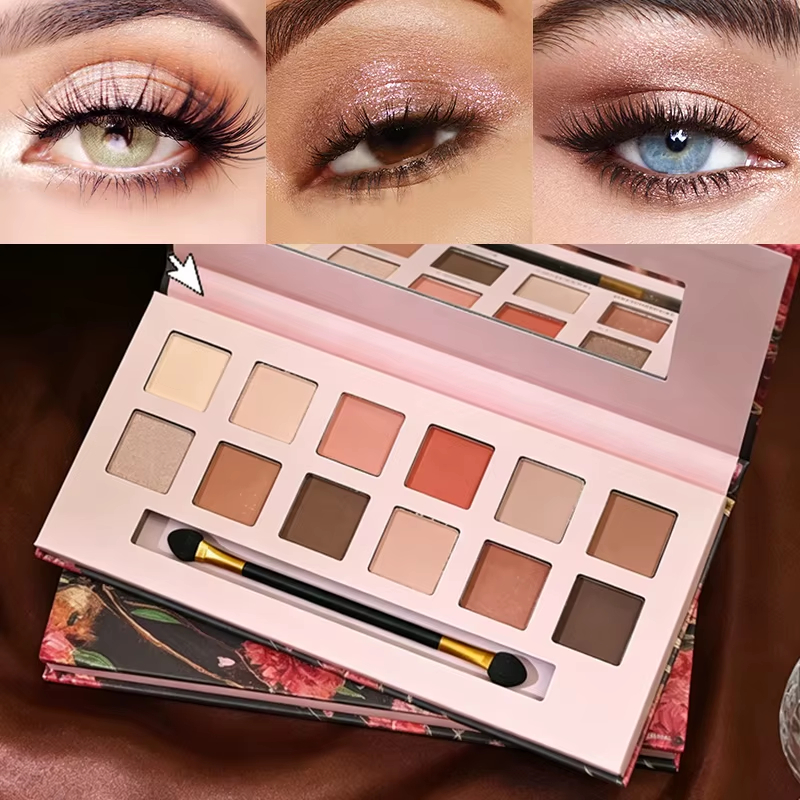 12 Shade Eyeshadow Pallette Matte Shimmer Makeup Palette, Neutral Earth Colour Eye Shadow Kit with Blush Highlighter, Easy Blend Daily Makeup Cosmetic Gift with Eyeshadow Brush