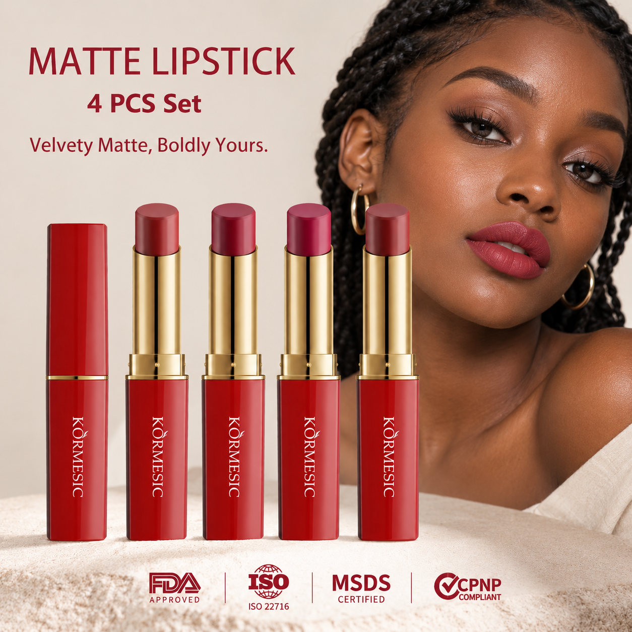 4pcs Matte Lipstick for Women Long Lasting Moisturizing Lip Makeup Non Transfer Soft Velvet Lip Color Lipstick Set Style for Party Work Date and Everyday Beauty