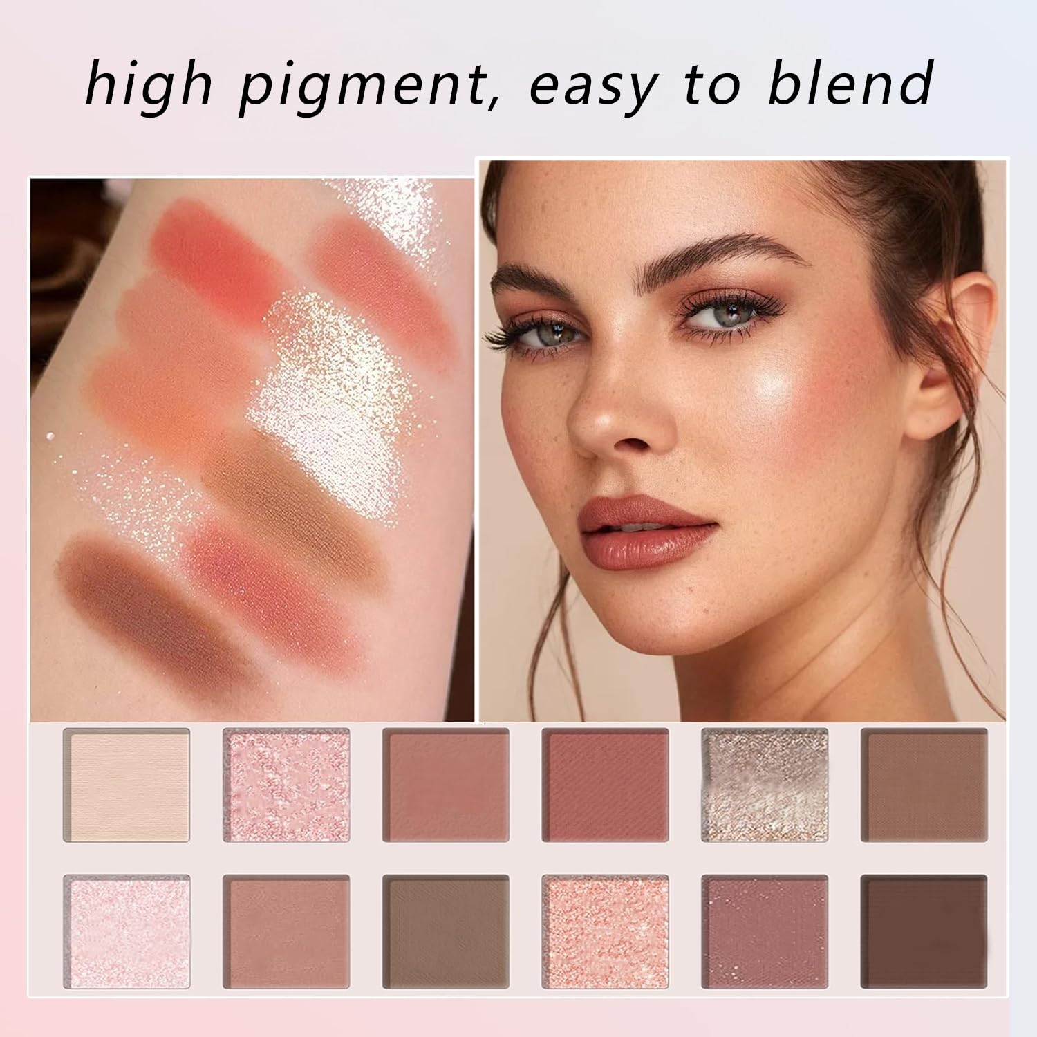 12 Shade Eyeshadow Pallette Matte Shimmer Makeup Palette, Neutral Earth Colour Eye Shadow Kit with Blush Highlighter, Easy Blend Daily Makeup Cosmetic Gift with Eyeshadow Brush