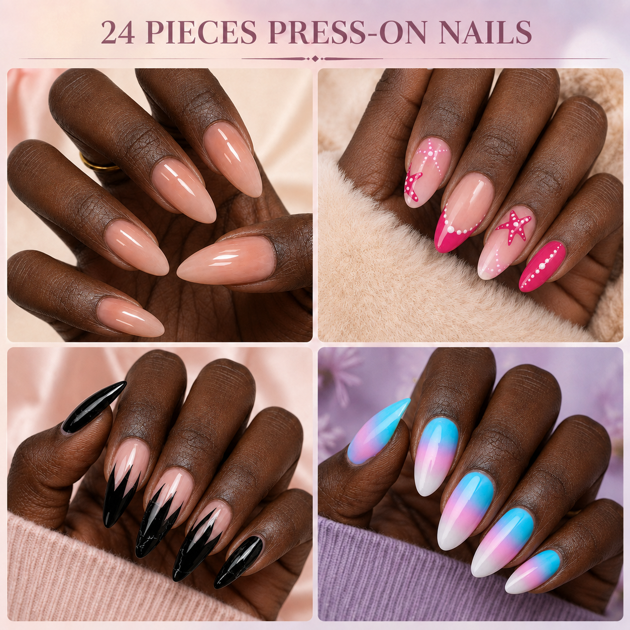 Almond Shape Presson Nails 24pcs, Fashion False Nails Full Cover Nail Tip Set, Reusable Stick On Acrylic Look Nails for Women Nail Art Manicure Decoration
