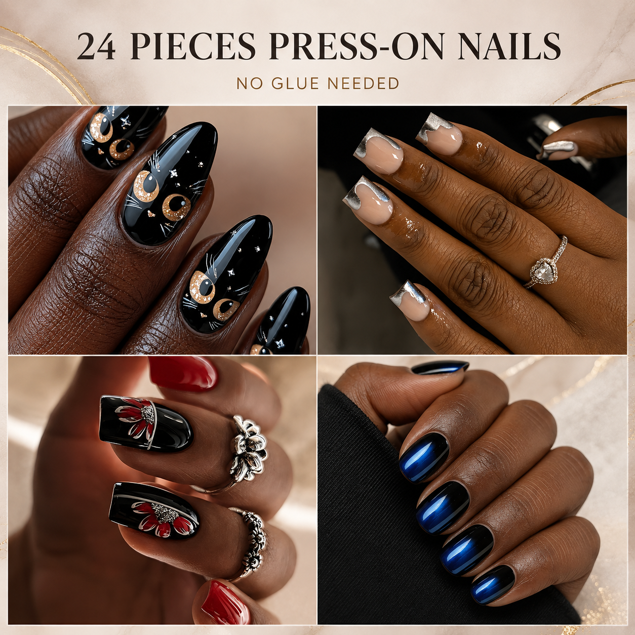 Trendy Cold Style Presson Nails 24pcs, Full Cover Acrylic Look Fake Nails, Chic Nail Stickons False Nail Tip Set for Women Party Manicure Nail Art Accessory
