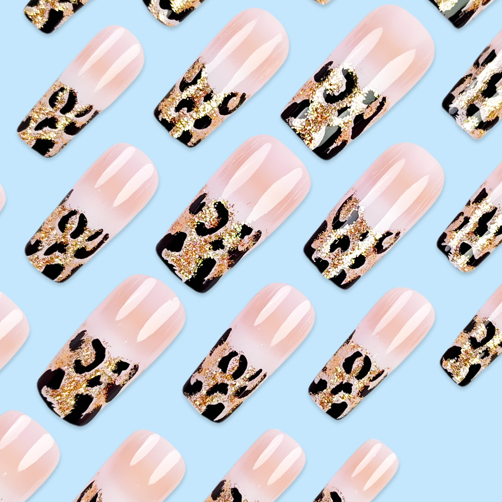 Leopard French Tip Stick On Nails 24pcs, Full Cover Press Nail Acrylic Fake Nails with Design, Wearable False Nail Set for Women Party Wedding Nail Art Decoration view 7