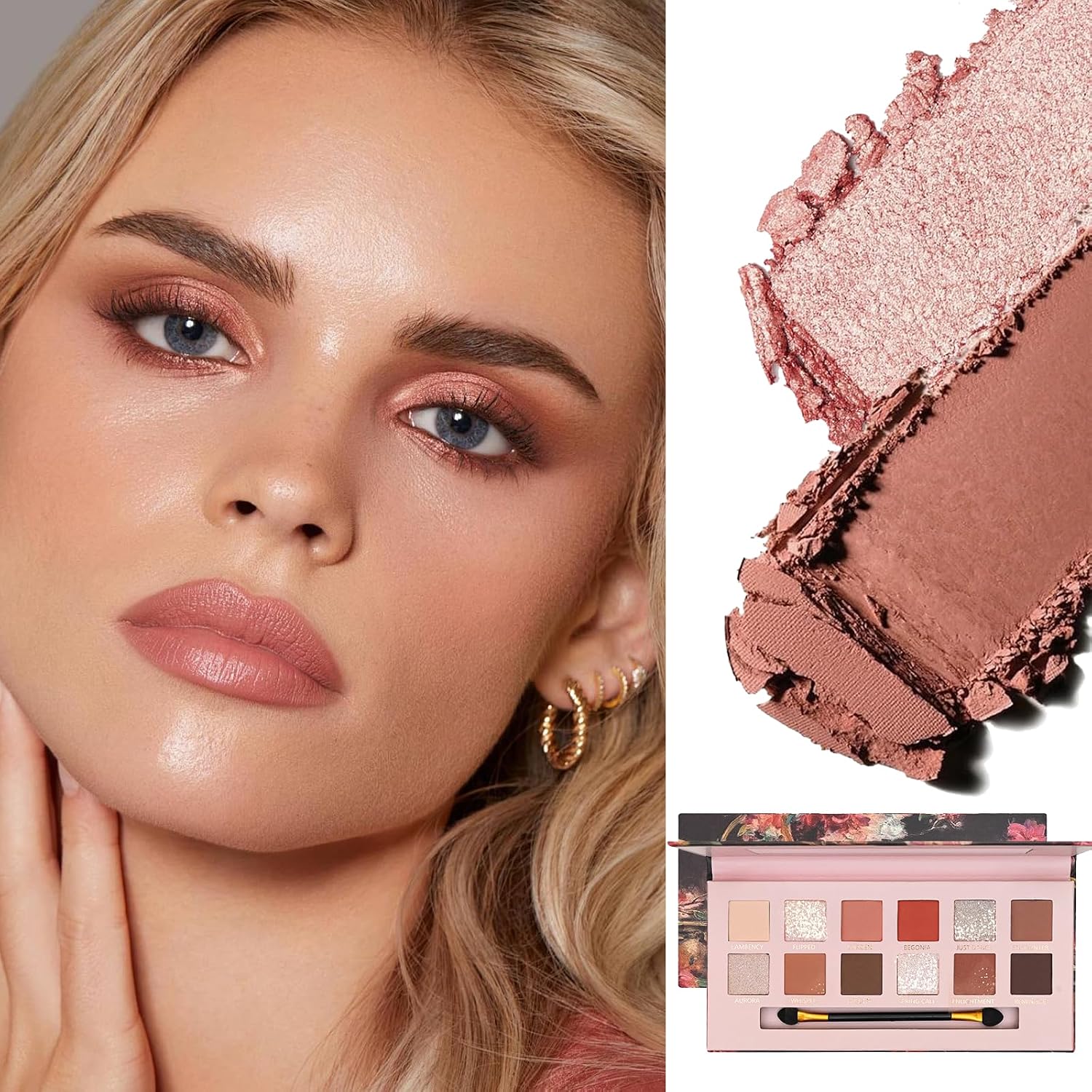 12 Shade Eyeshadow Pallette Matte Shimmer Makeup Palette, Neutral Earth Colour Eye Shadow Kit with Blush Highlighter, Easy Blend Daily Makeup Cosmetic Gift with Eyeshadow Brush