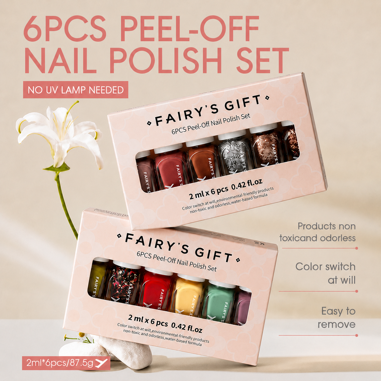 Portable 6pcs Peelable Water Nail Polish Set, Fast Dry Odour Free Nail Art Colour No Lamp Cure, Easy Remove Travel Manicure Kit Beauty Gift Nail Polish for Women