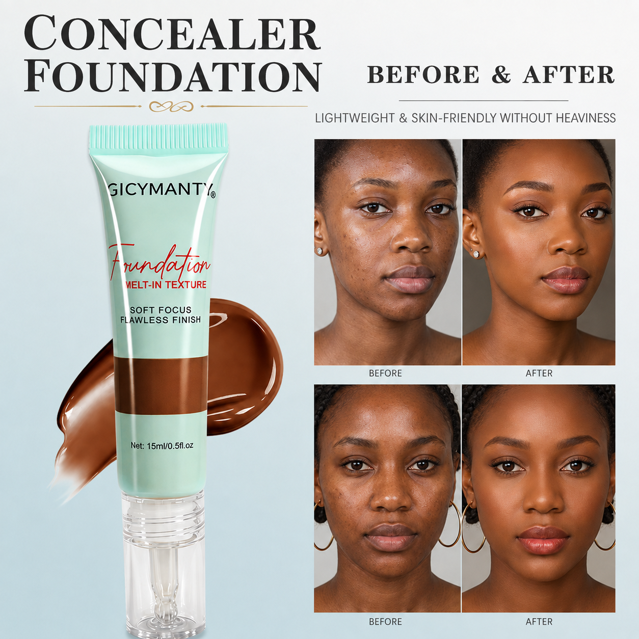 Lightweight Hydrating Liquid Foundation Makeup, Natural Skin Tint Concealer Cream for All Skin, Portable Tube Face Foundation Cover for Daily Long Wear Makeup