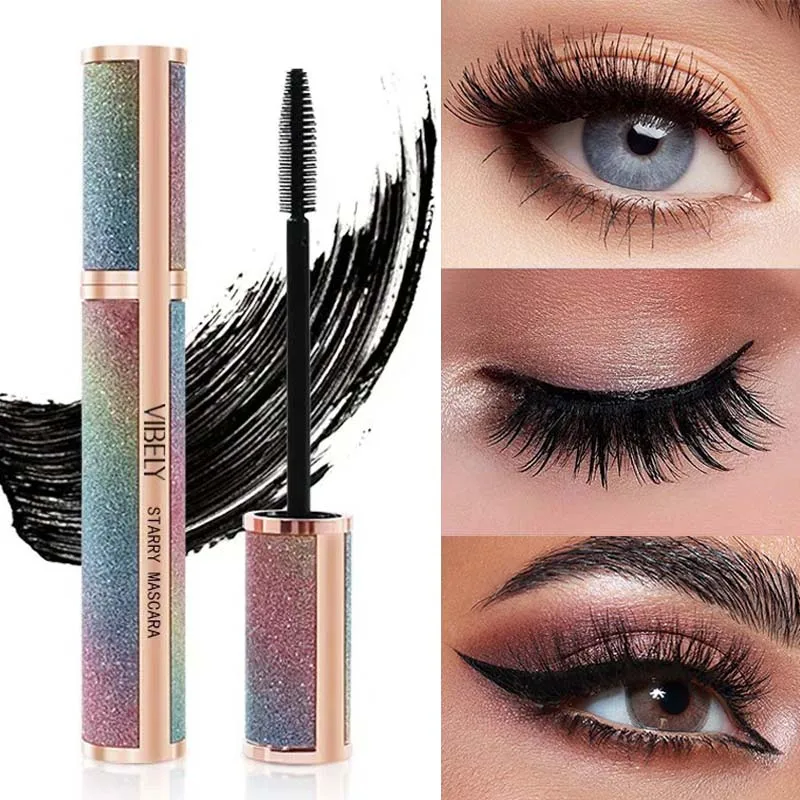 4D Starry Sky Mascara, Waterproof Lengthening Volumising Eyelash Makeup, Fast Dry Long Lasting Lash Extension Effect Mascara for Big Eye Beauty Look