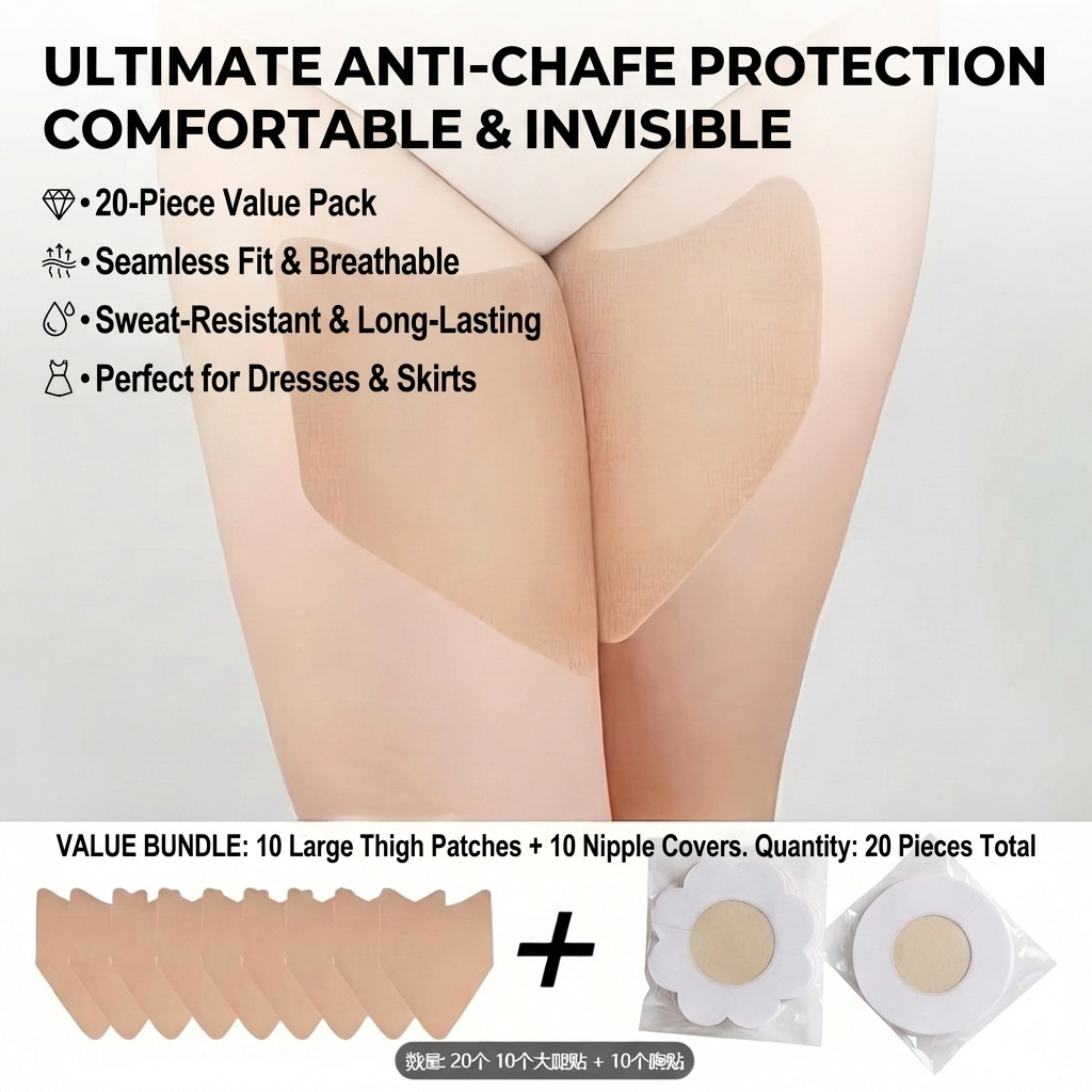 Anti Chafe Patches Set, Invisible Inner Thigh Anti-Friction Stickers + Nipple Covers, Disposable Skin Protection Pads for Daily Wear
