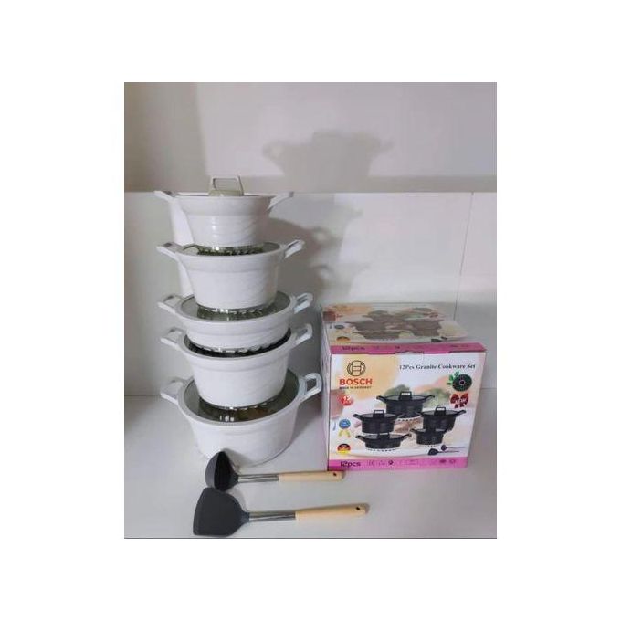 White Best Quality Bosch 12PCS German Granite Nonstick cookware with silicone Lid and spoons.Durable Non-stick granite coating with semi-glass lid Specially designed bottom for better heat efficie