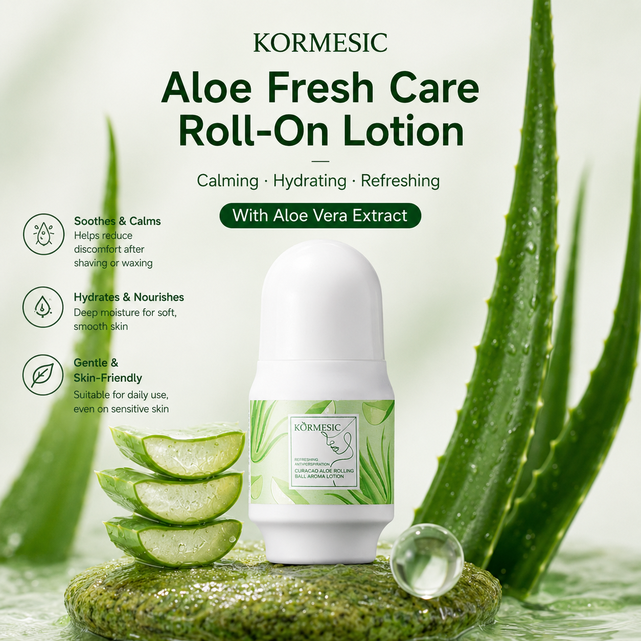 KORMESICS Curaçao Aloe Vera Long-Lasting Roll-On Lotion, Fresh Smell for Women and Men