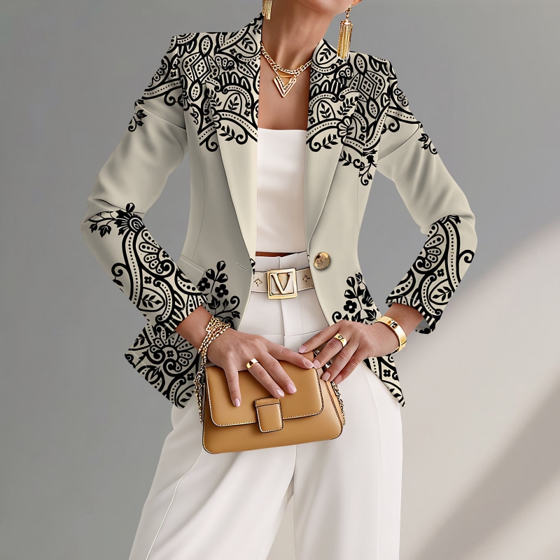 High-end Elegant Women's Blazer in Africa, All-over Printed Lapel Outerwear Stylish Full Print Knitted Blazer Fashion Printed Knit Formal Coat for Ladies