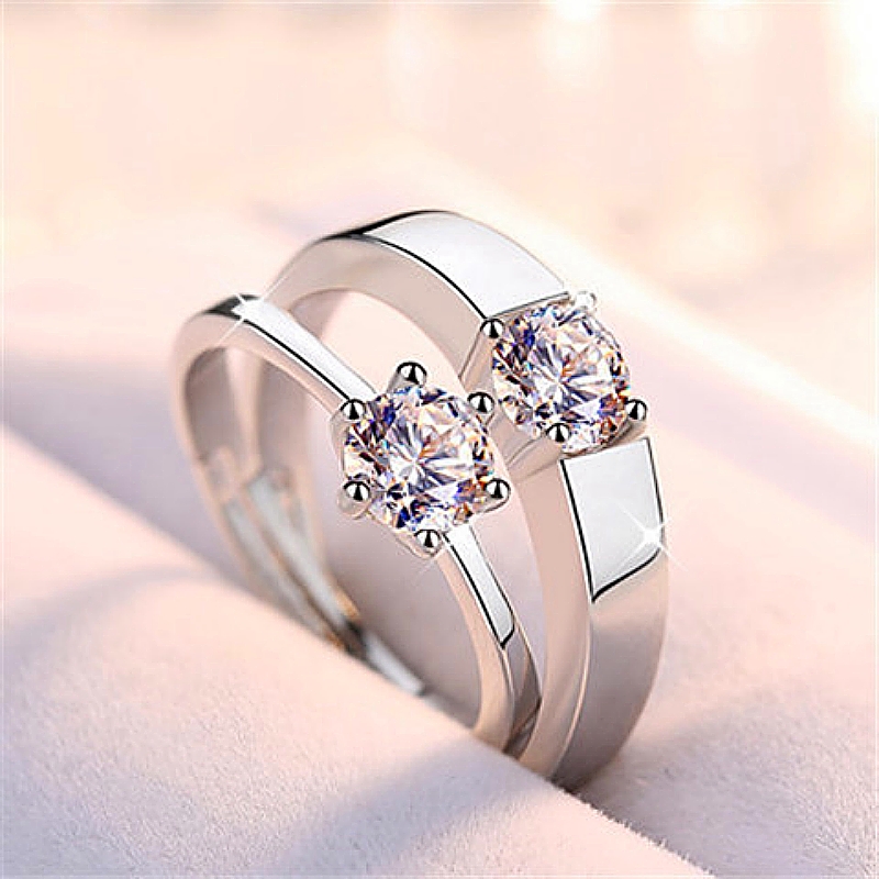 Hot Selling New Arrival in Africa Simulated Moissanite & Cubic Zirconia 1 Carat Six-Prong Silver Ring Adjustable Ladies Ring Matching Couple Promise Rings for Women