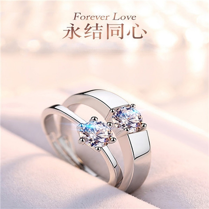 Hot Selling New Arrival in Africa Simulated Moissanite & Cubic Zirconia 1 Carat Six-Prong Silver Ring Adjustable Ladies Ring Matching Couple Promise Rings for Women