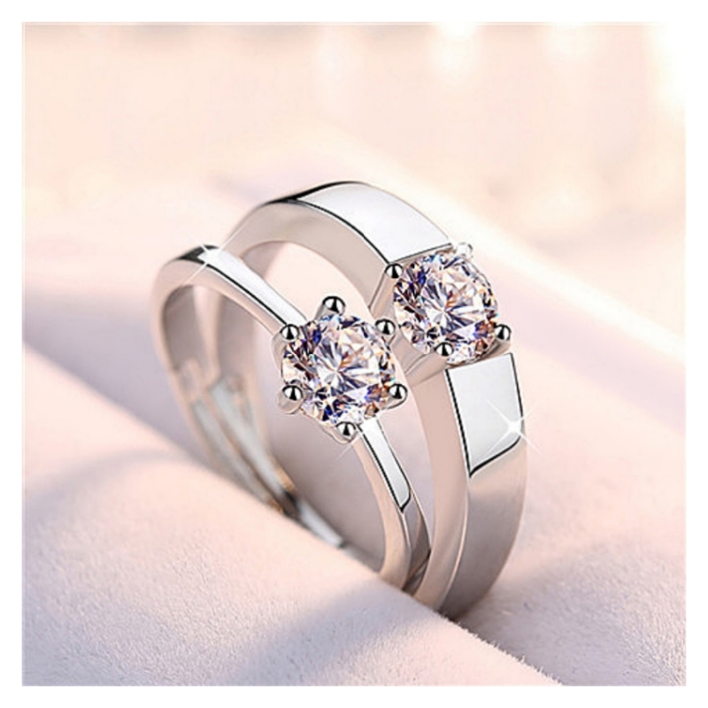 Hot Selling New Arrival in Africa Simulated Moissanite & Cubic Zirconia 1 Carat Six-Prong Silver Ring Adjustable Ladies Ring Matching Couple Promise Rings for Women