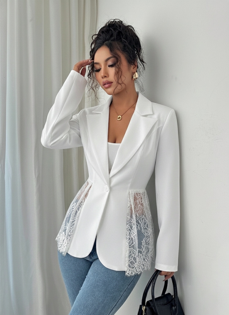 New Arrival Spring 2026 Women Blazer Color Block Design with Lace Waist Detail Slim Fit A-Line Formal Suit Coat Elegant Office Formal Outfit for White Collar Ladies