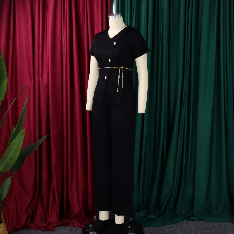 Hot Selling in Africa Elegant Summer Two Piece Outfit for Office Ladies Button Design Casual Short Sleeve Top with Matching Trousers Formal Business Professional White Collar Work Suit