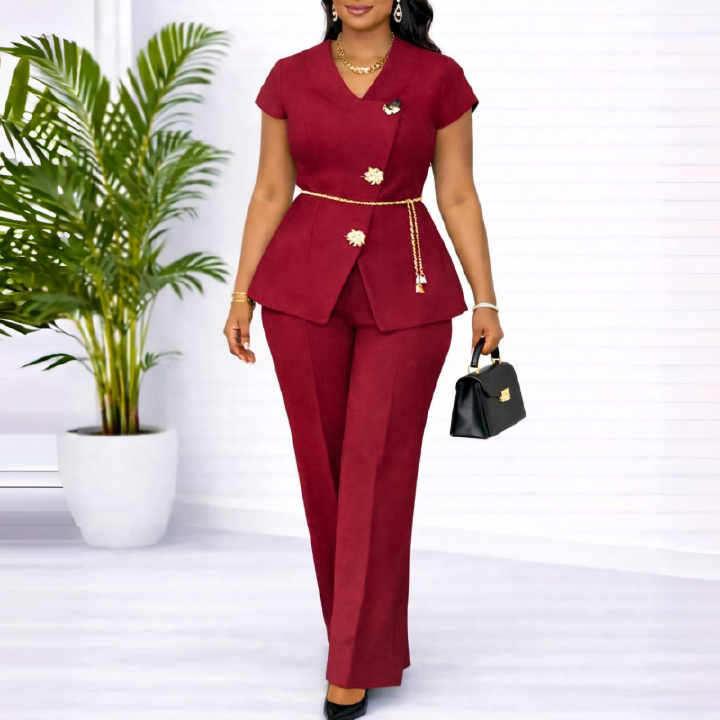 Hot Selling in Africa Elegant Summer Two Piece Outfit for Office Ladies Button Design Casual Short Sleeve Top with Matching Trousers Formal Business Professional White Collar Work Suit